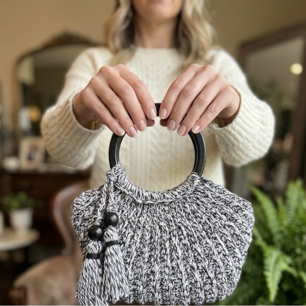 Black & White Knit Tote with Round Handles
